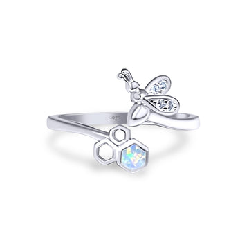 Bee with Honeycomb Thumb Ring Hexagon Lab Created White Opal Statement Fashion Ring 925 Sterling Silver